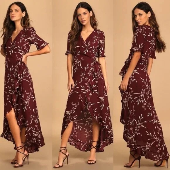 Lulus Wild Winds Burgundy Floral Full Wrap Ruffled Maxi Dress Women's Size M - Picture 3 of 11